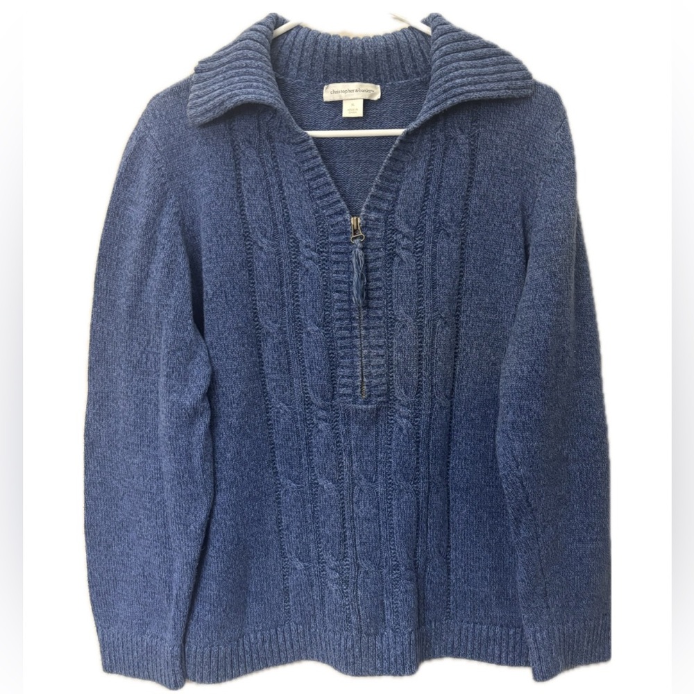 100% Cotton Cable Knit Half Zip Sweater XL Blue Coastal Style Collared Pullover